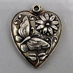 Original Classic Puffy Heart Pendant Butterfly Flower Sterling Silver Relief